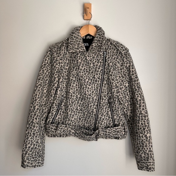 Zara Animal Print Moto Jacket Belted Zip Front Medium Leopard Print - Picture 2 of 10